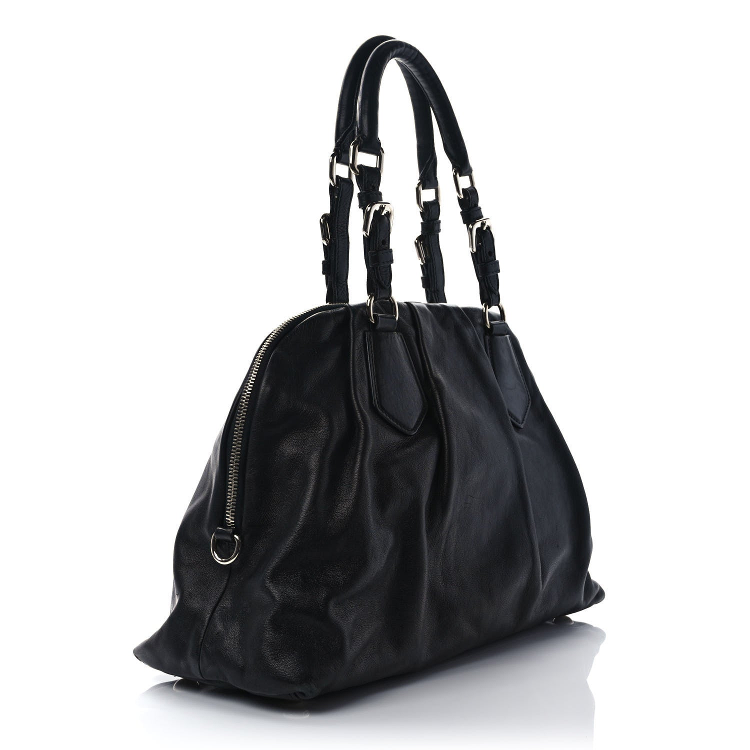 Prada Soft Calf Pleated Tote Black 2 of 9