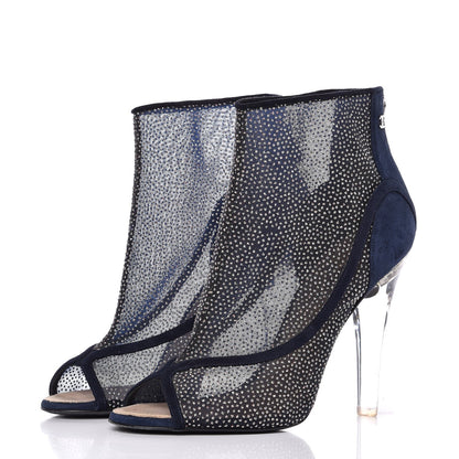 Chanel Mesh Crystal Open Toe Ankle Boots 41 Navy 3 of 9