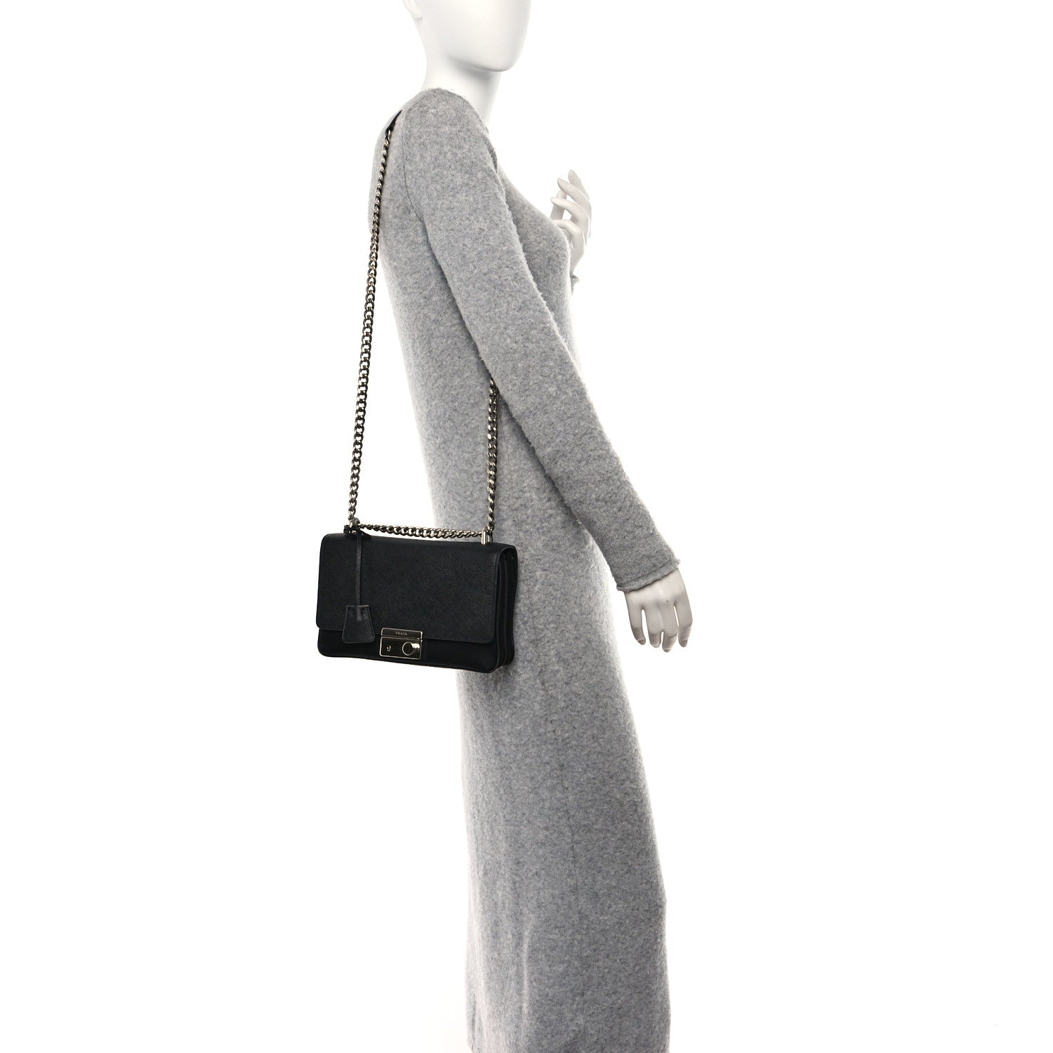 Prada Saffiano Lux Lock Flap Chain Shoulder Bag Black 3 of 10