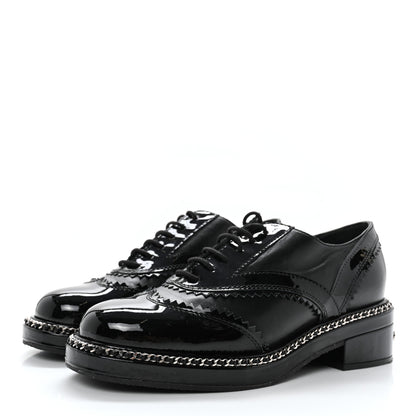 Chanel Lambskin Patent Calfskin CC Brogue Lace Up Oxfords 37 Black 3 of 11