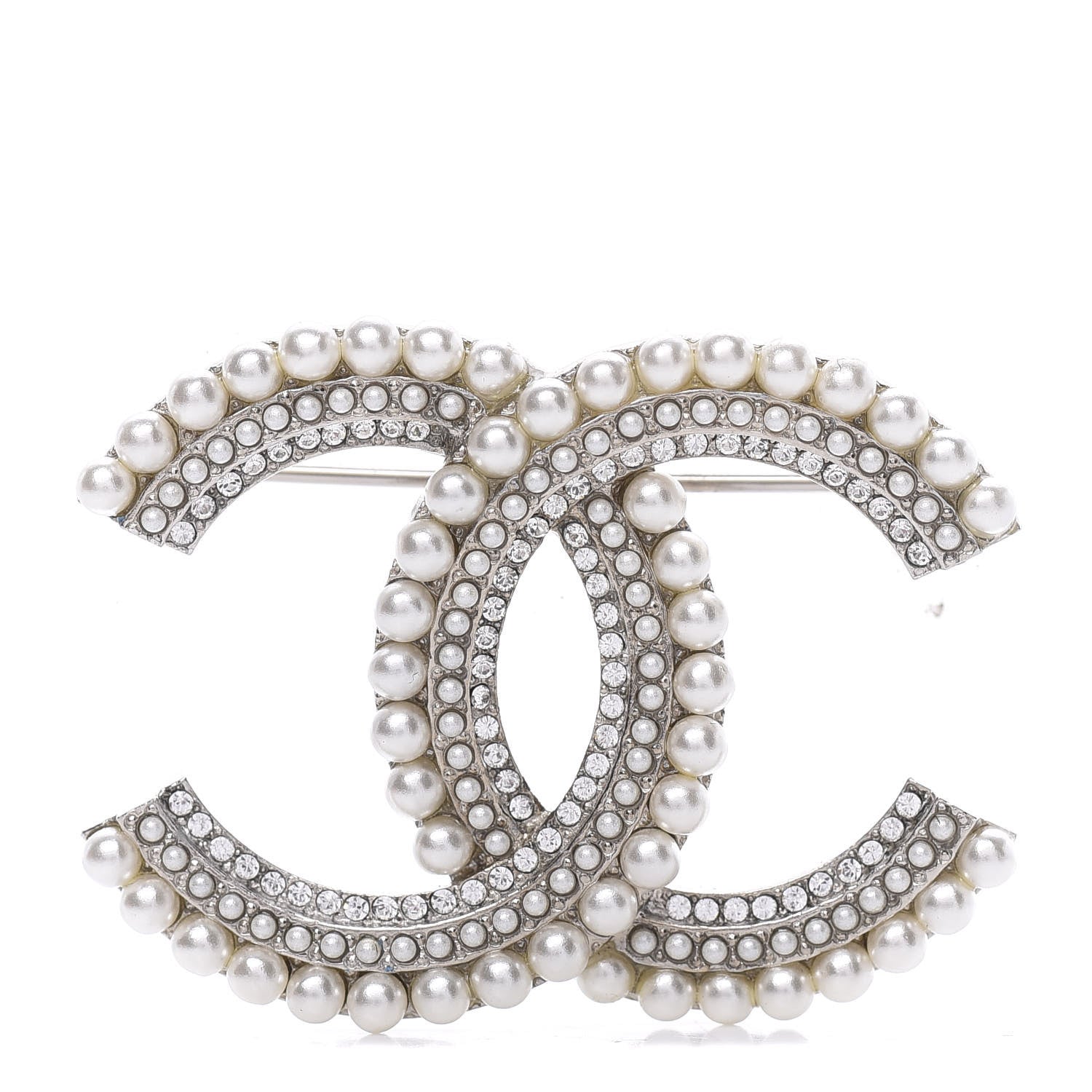 Chanel Pearl Crystal CC Brooch Silver 1 of 5