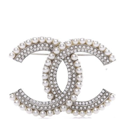 Chanel Pearl Crystal CC Brooch Silver 1 of 5