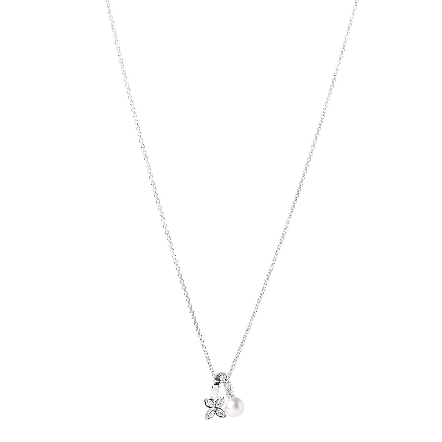 18K White Gold Diamond Akoya Pearl 5.5mm Flower Pendant Necklace