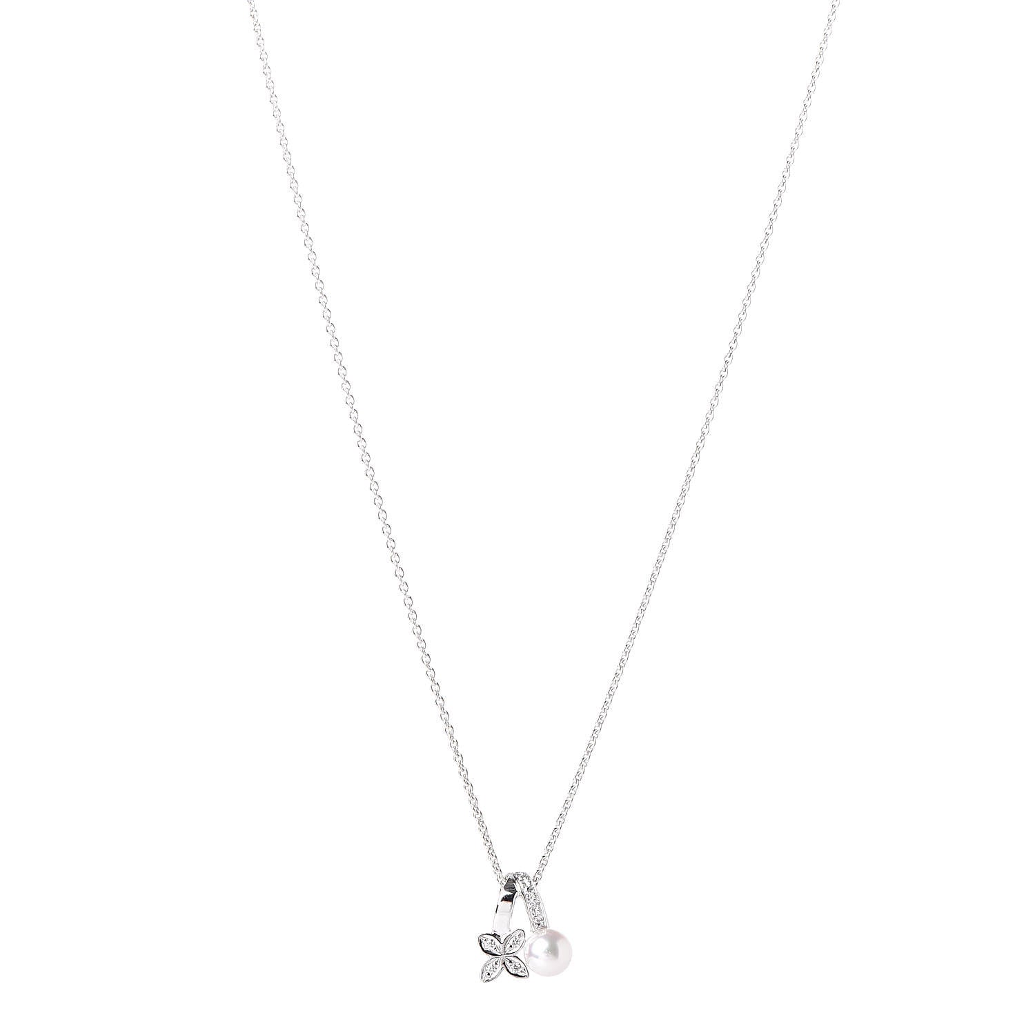 Mikimoto 18K White Gold Diamond Akoya Pearl 5.5mm Flower Pendant Necklace 1 of 6