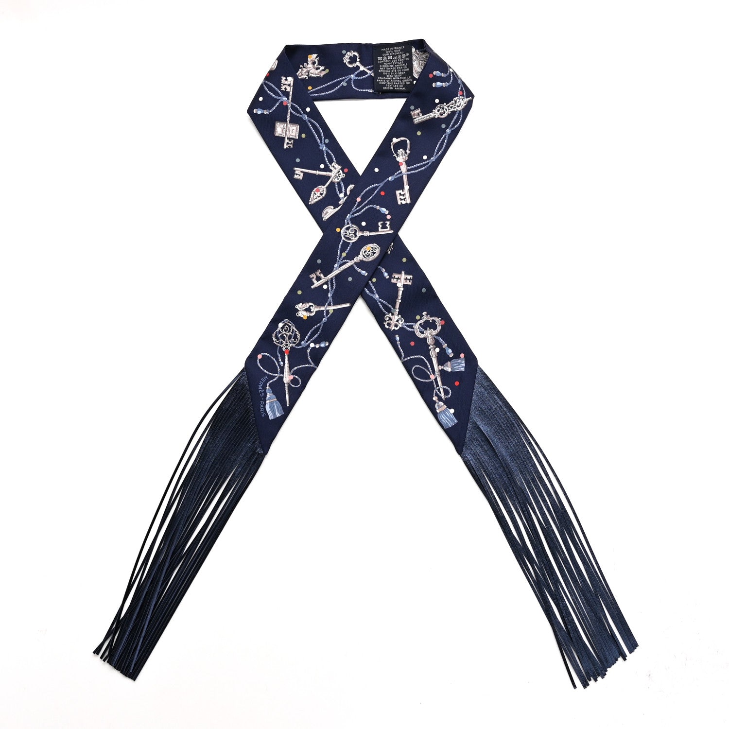 Hermes Silk Metallic Agneau Les Cles A Pois Fringed Twilly Bleu Marine Gris Argent Multicolor 1 of 4