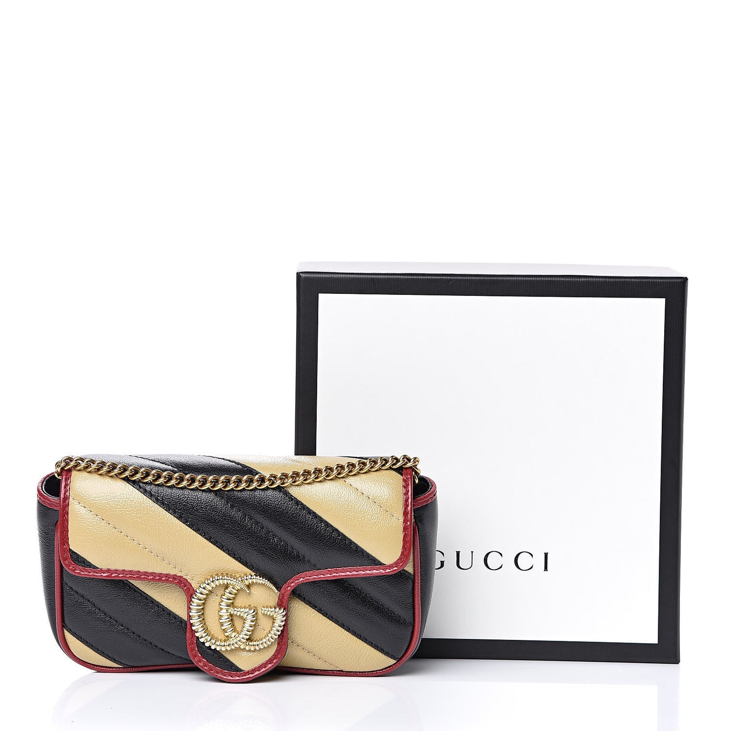 Vintage Effect Calfskin Matelasse Diagonal Striped Super Mini Torchon GG Marmont Shoulder Bag Black Beige