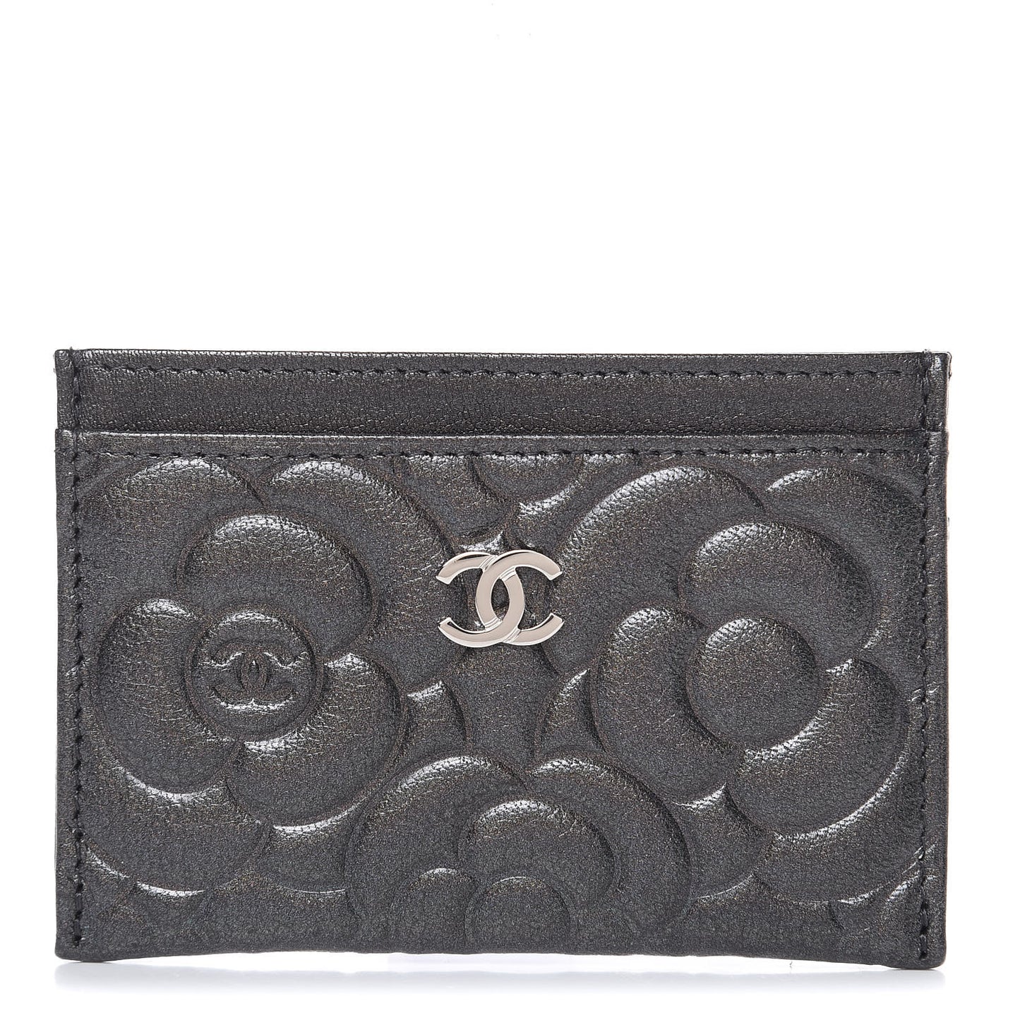 Goatskin Camellia Embossed Card Holder Grey