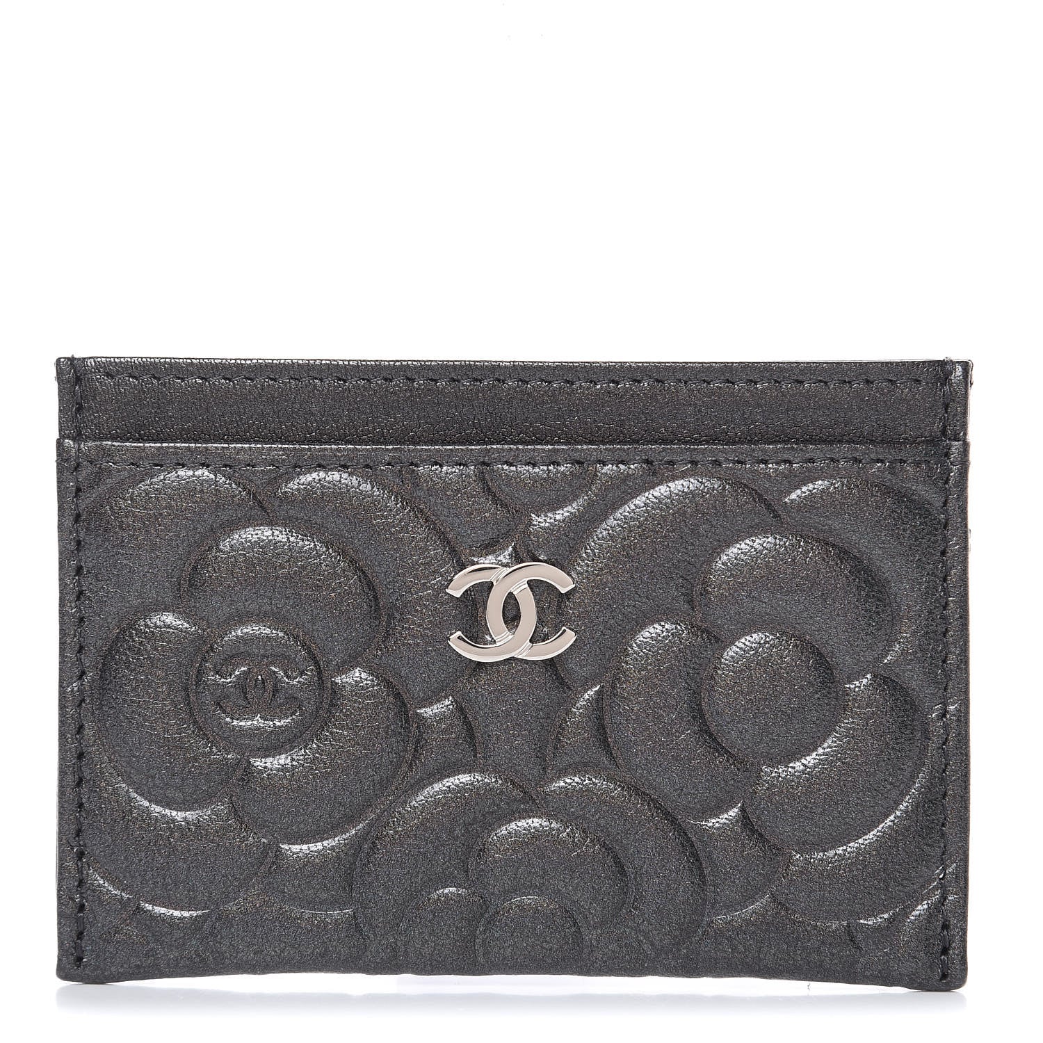 Chanel Goatskin Camellia Embossed Card Holder Grey 1 of 9