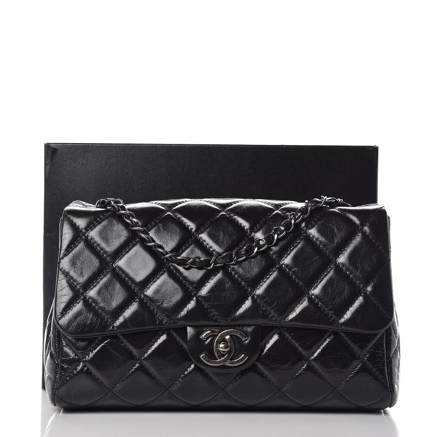 Glazed Calfskin Quilted Large Coco Soft Flap Black