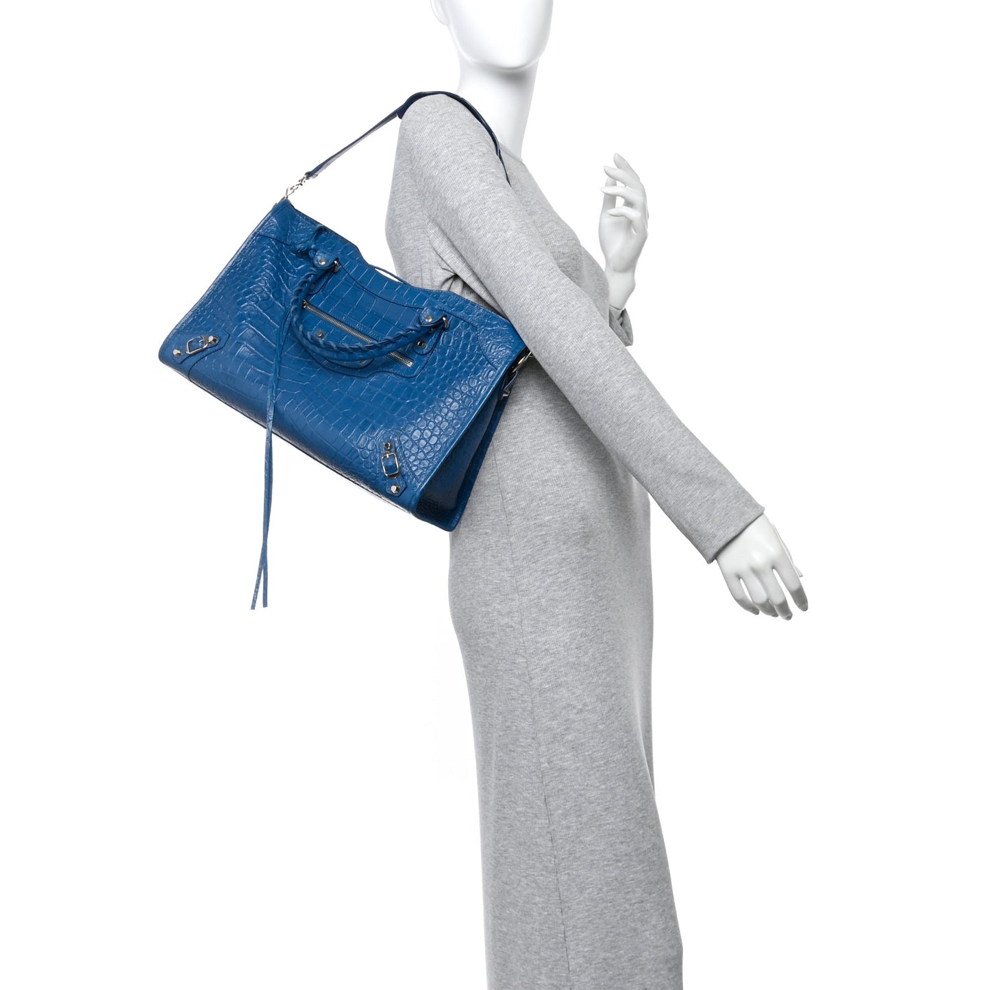 Calfskin Crocodile Embossed Classic Silver Hardware City Bleu Marine