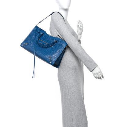 Balenciaga Calfskin Crocodile Embossed Classic Silver Hardware City Bleu Marine 2 of 15