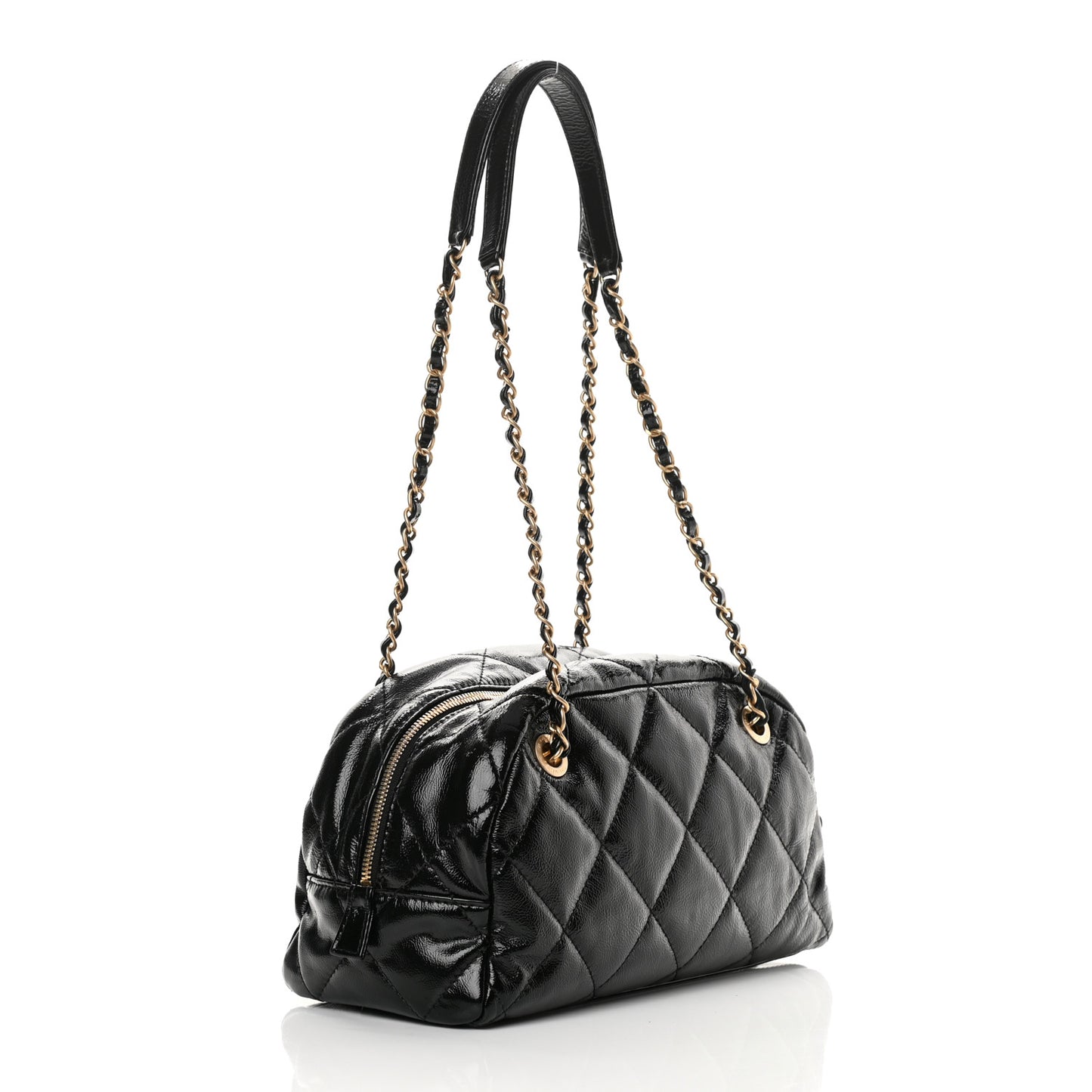 Shiny Aged Calfskin Quilted Bowler Bag Black