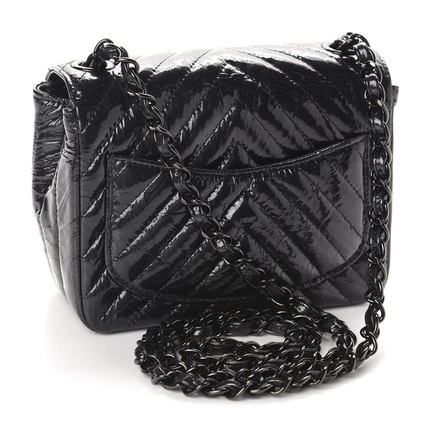 Metallic Patent Crumpled Calfskin Chevron Quilted Mini Square Flap Black