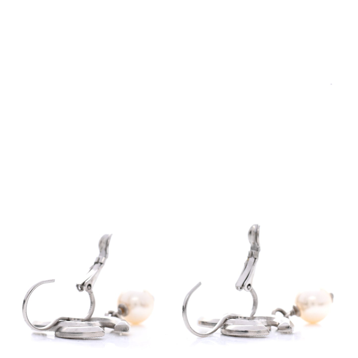 Baguette Crystal Pearl CC Drop Earrings Silver
