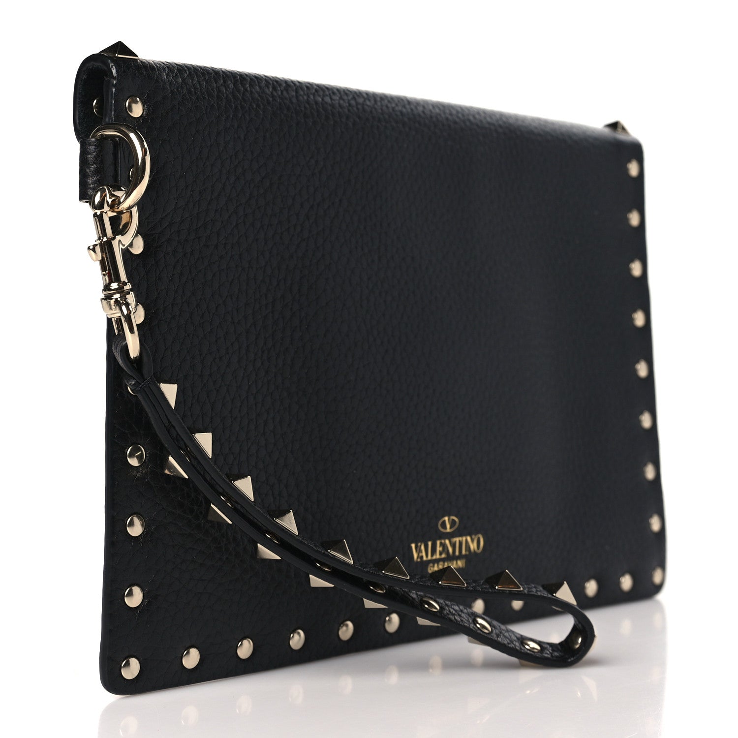 Valentino Garavani Pebbled Calfskin Rockstud Envelope Flat Wristlet Pouch Black 3 of 7