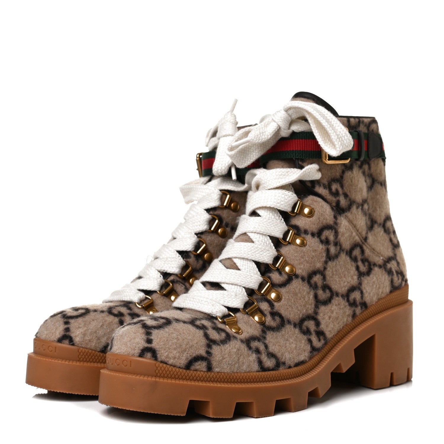 Gucci Covered Wool Big GG Monogram Womens Lace Up Combat Ankle Boots 40 Beige Ebony Cocoa 3 of 12