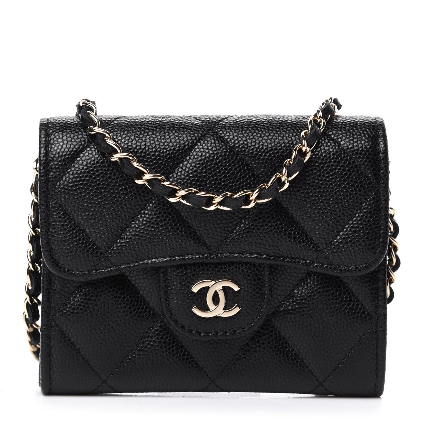 Caviar Quilted Flap Card Holder On Chain Black