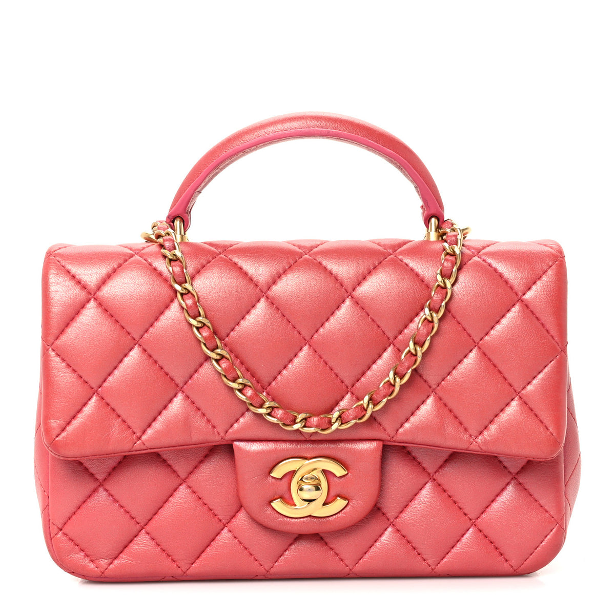 Iridescent Lambskin Quilted Mini Top Handle Rectangular Flap Red