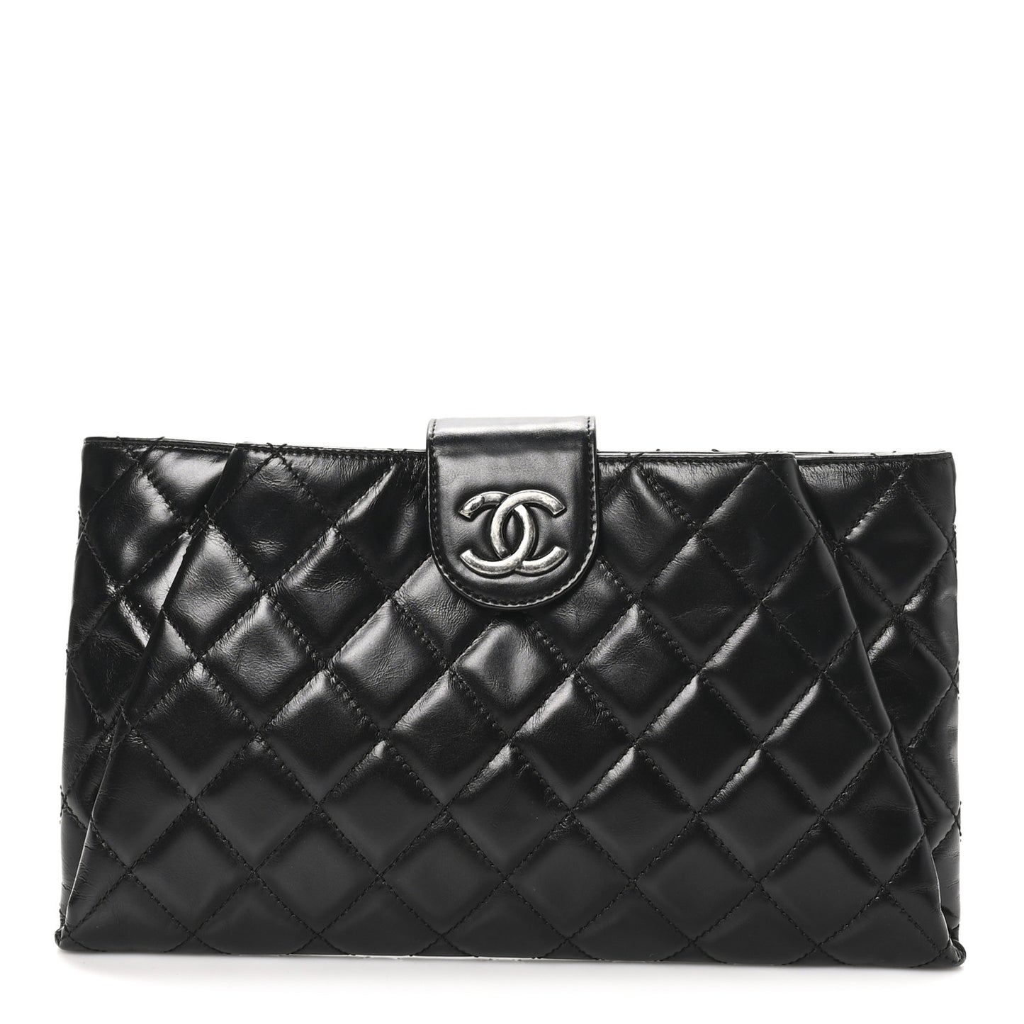 Glazed Calfskin Quilted Coco Pleats Clutch Black