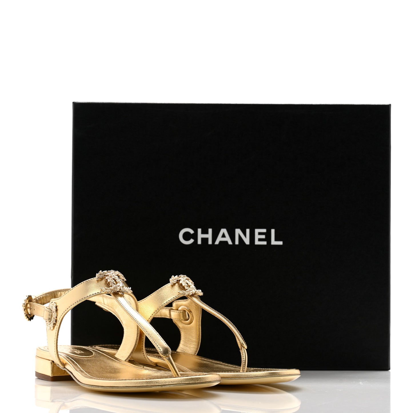 Laminated Lambskin CC Leaf Thong Sandals 37 Golden