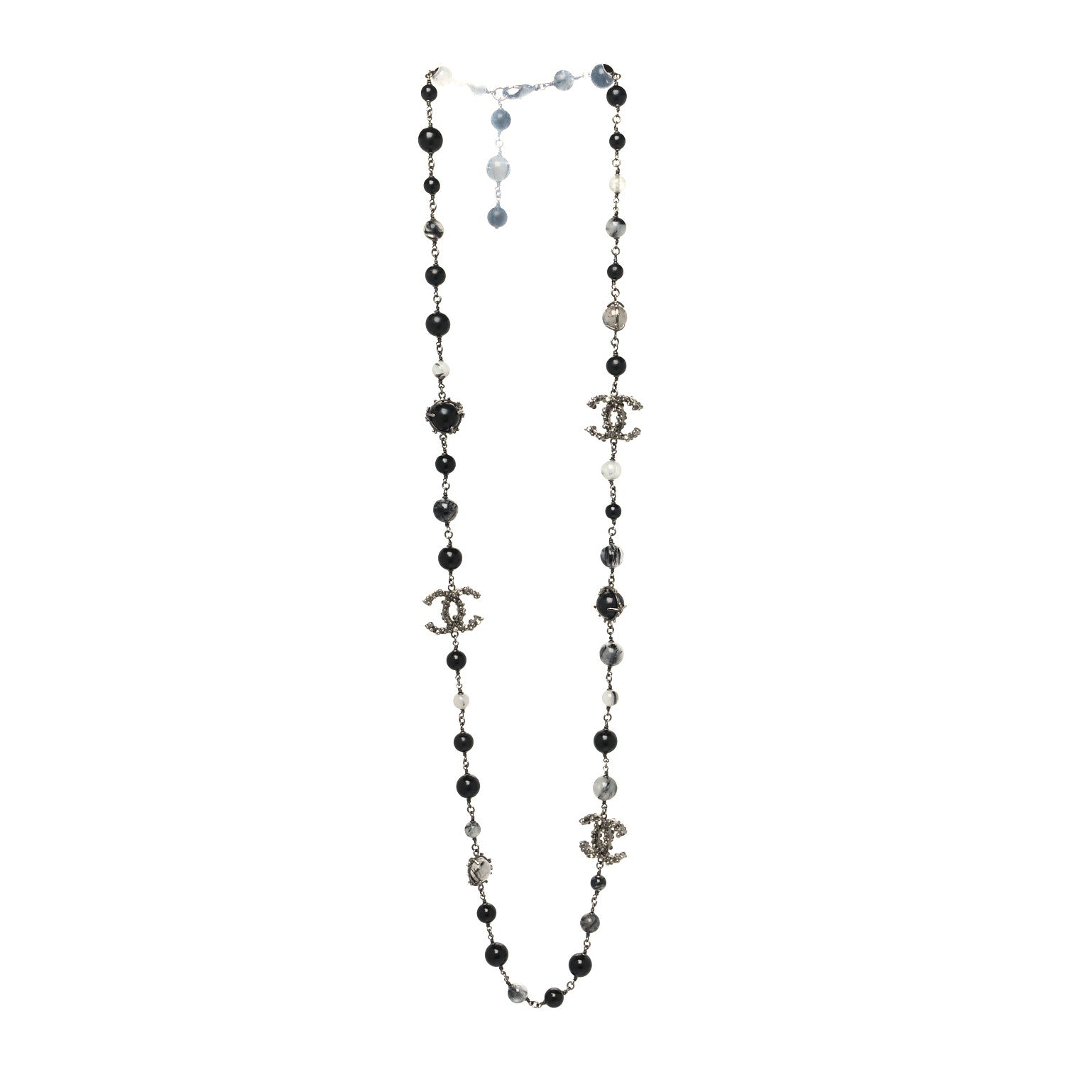 Chanel Pearl Beaded CC Long Necklace Silver Black 3 of 5