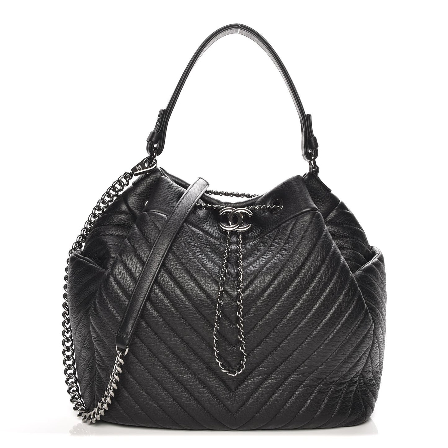 Deerskin Chevron Large CC Chain Bucket Drawstring Bag Black