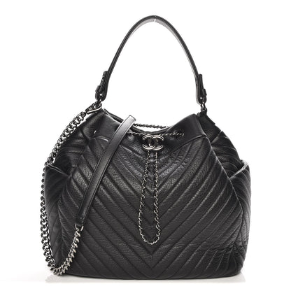 Chanel Deerskin Chevron Large CC Chain Bucket Drawstring Bag Black 1 of 8