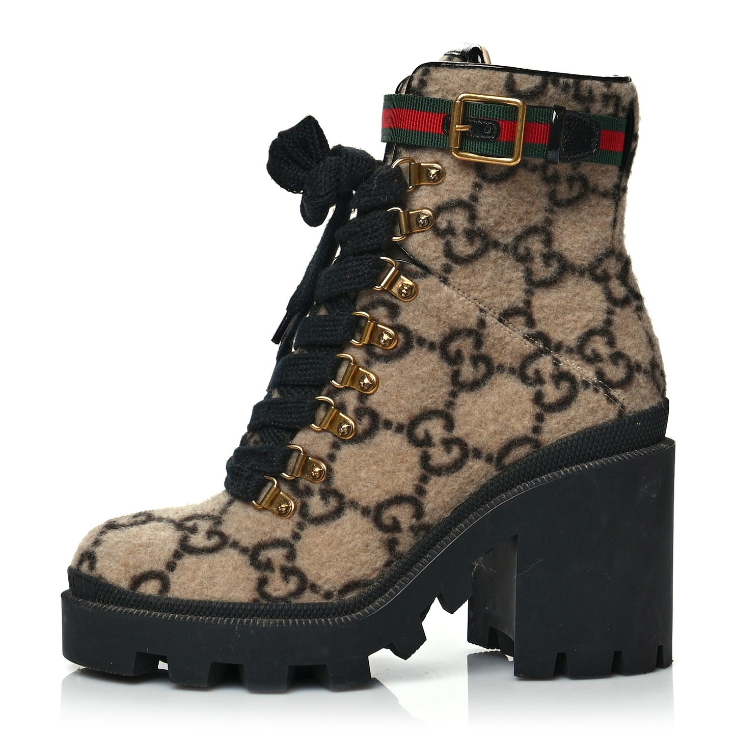 Covered Wool GG Monogram Womens Lace Up Combat Ankle Boots 37.5 Beige Ebony Black