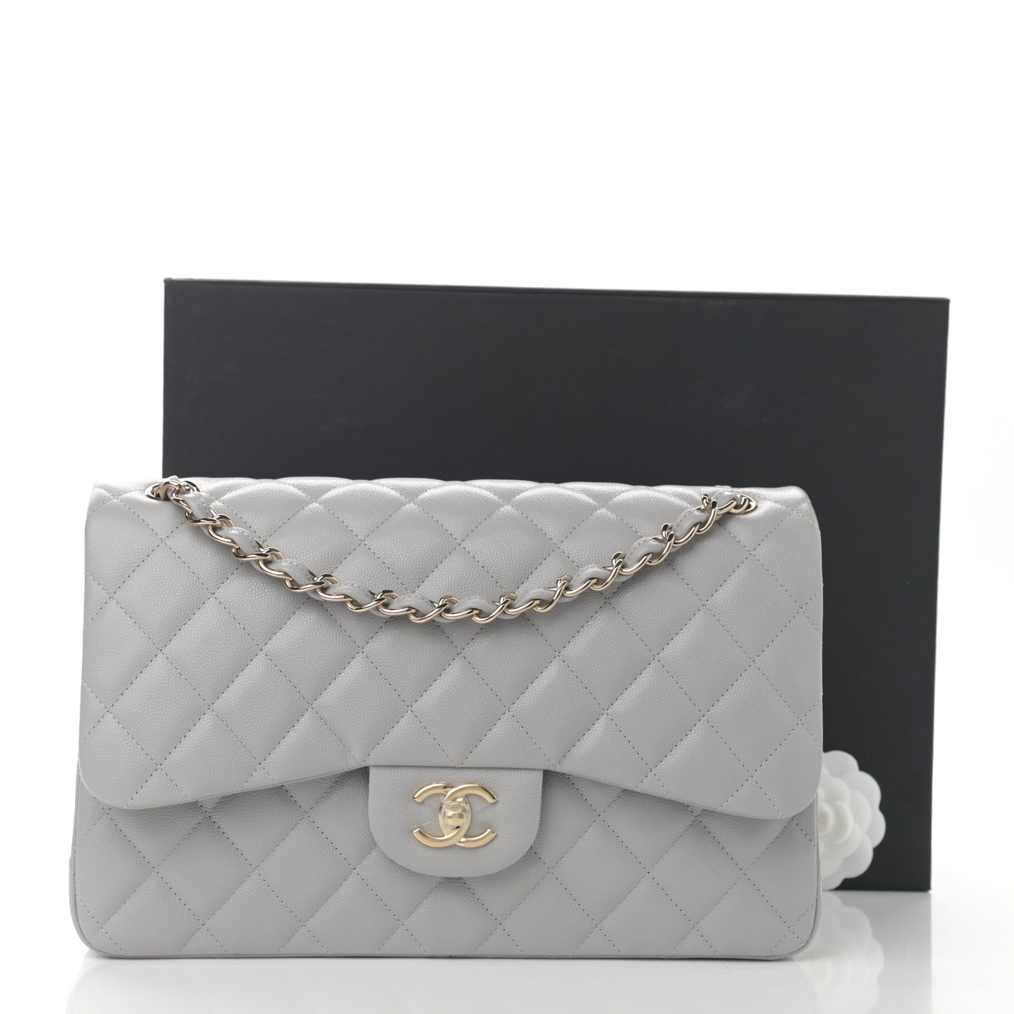 Caviar Quilted Jumbo Double Flap Light Grey