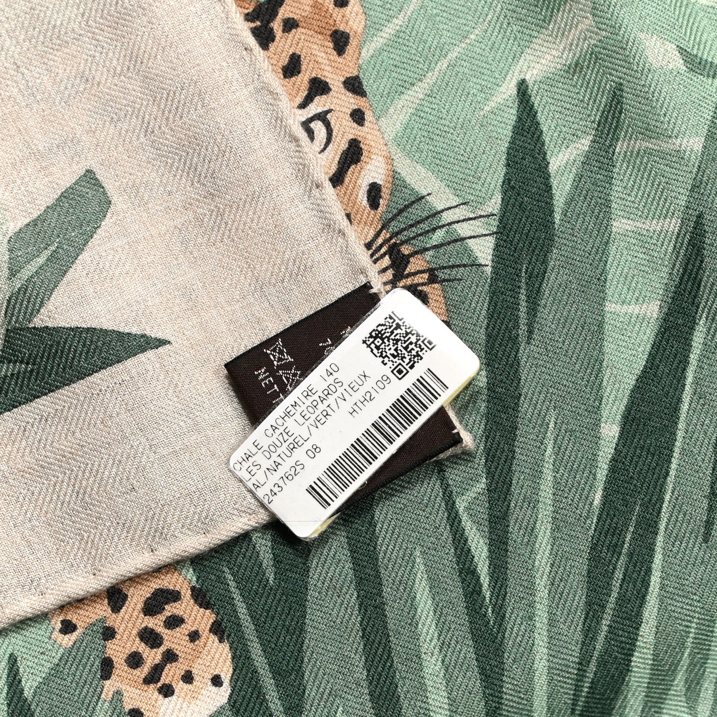 Cashmere Silk Les Douze Leopards Shawl 140 Naturel Vert Vieux