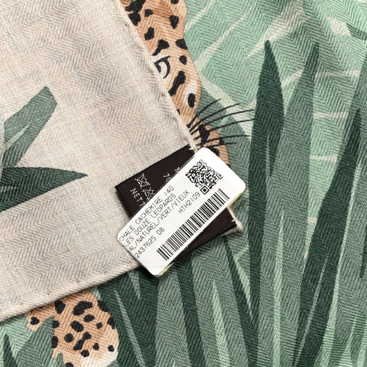 Hermes Cashmere Silk Les Douze Leopards Shawl 140 Naturel Vert Vieux 2 of 6