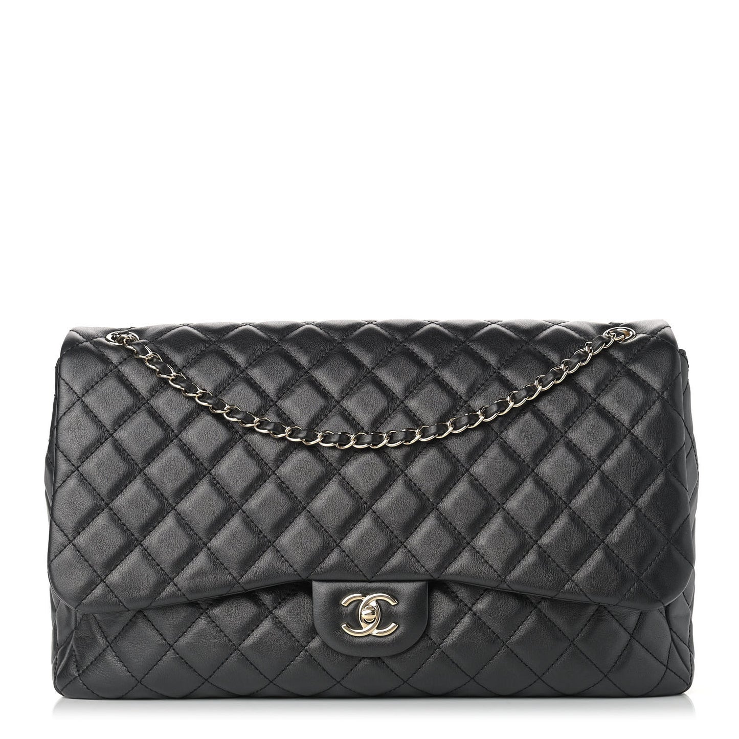 Metallized Calfskin Quilted Small XXL Travel Flap Bag Black