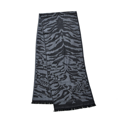 Alexander McQueen Wool Tiger Print Skull Scarf Black Grey 2 of 5