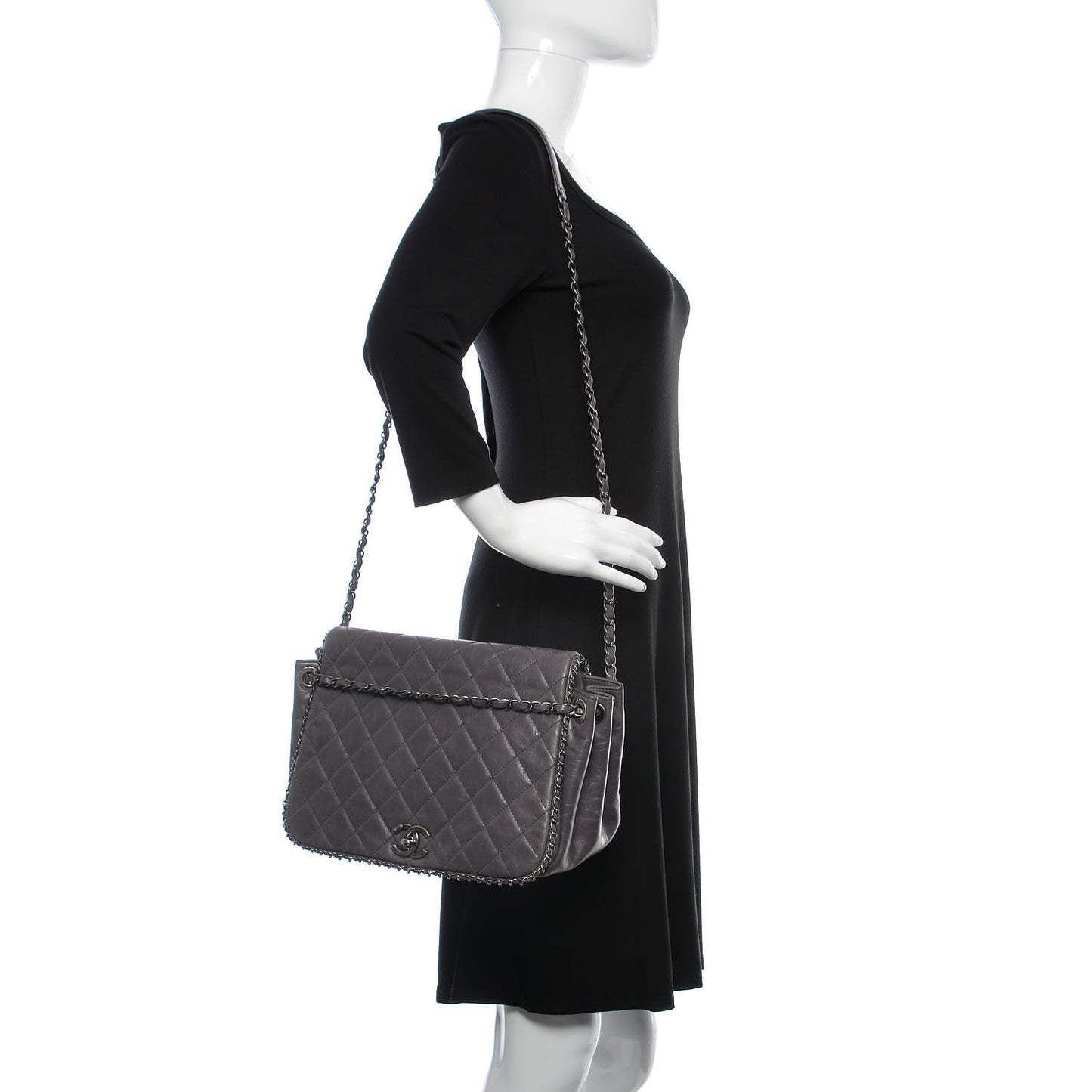 Calfskin Quilted Large CC Enchained Accordion Flap Grey