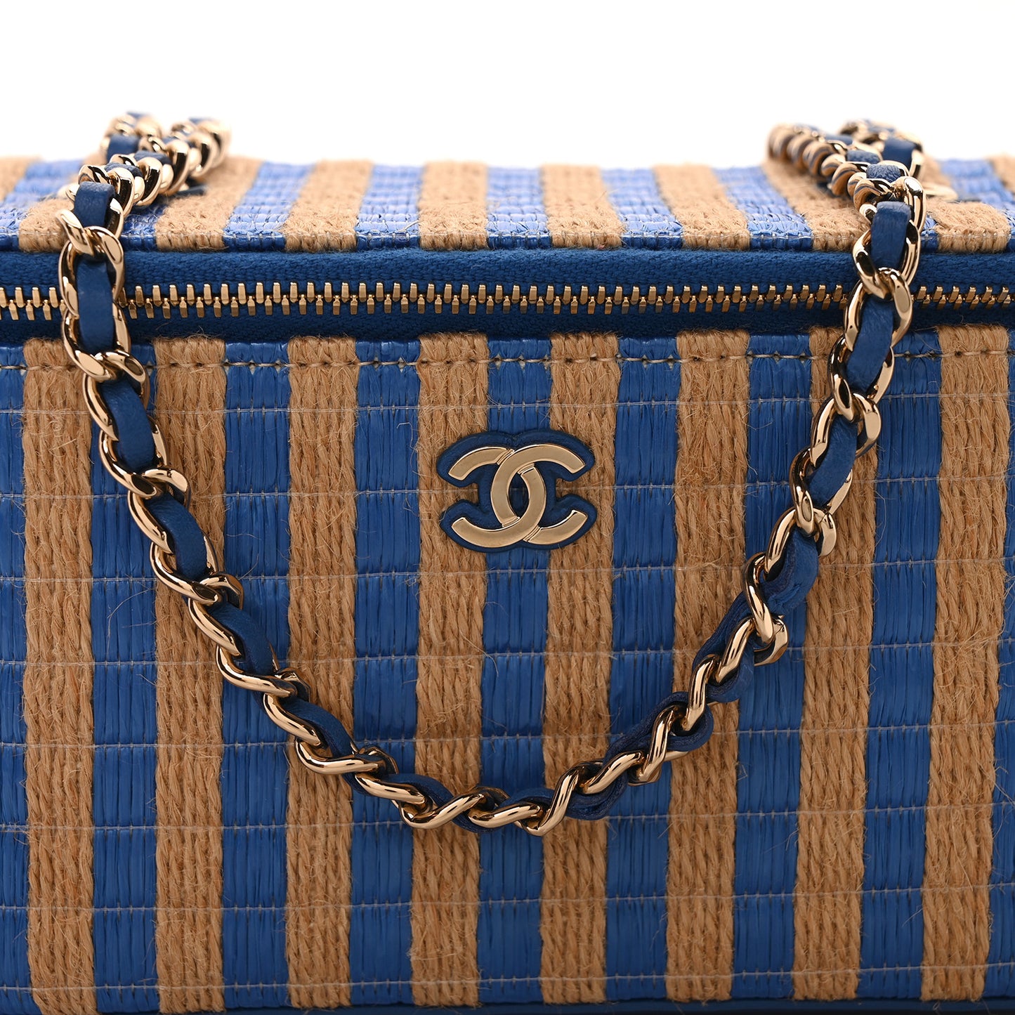 Raffia Jute Striped Small Vanity Case With Chain Blue Beige