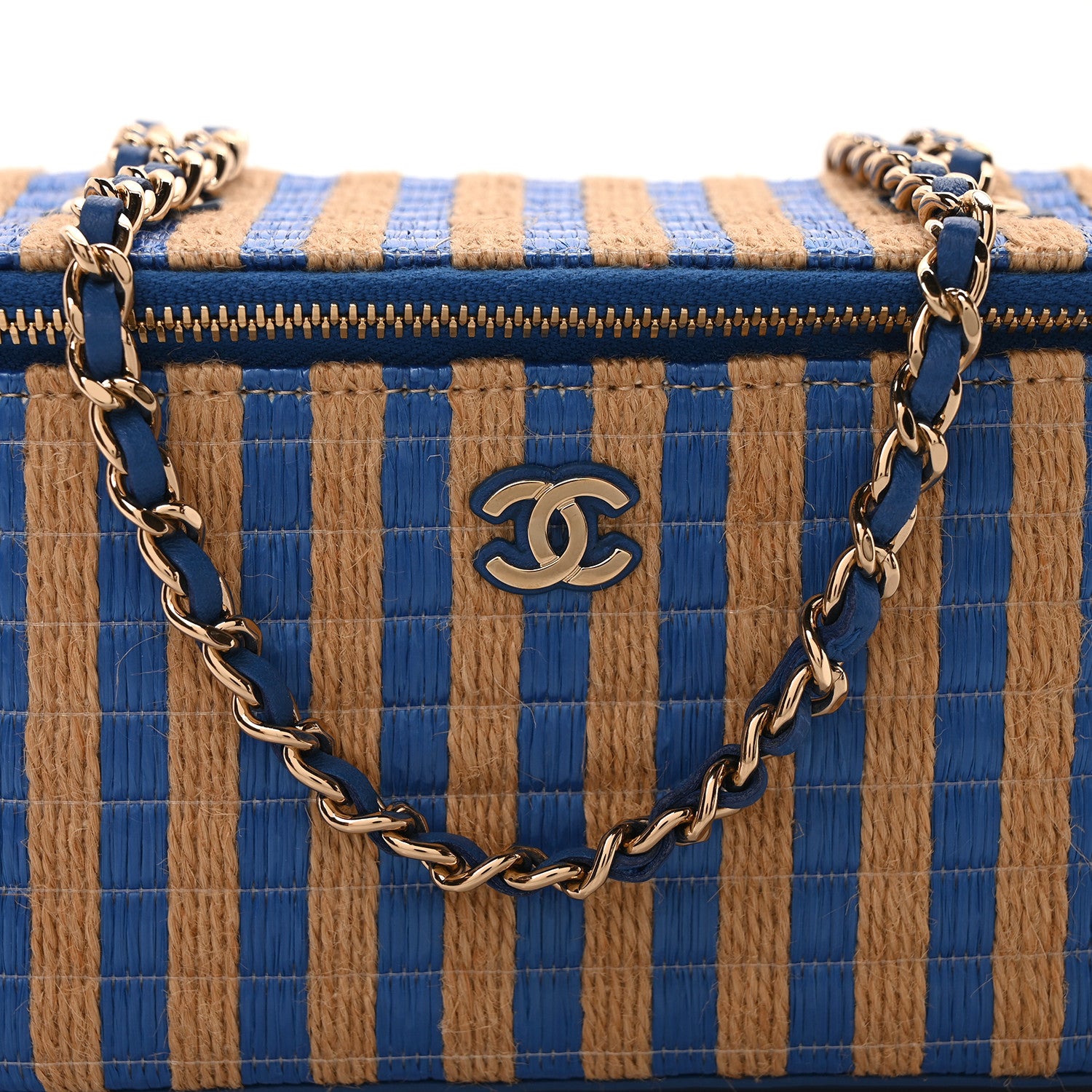 Chanel Raffia Jute Striped Small Vanity Case With Chain Blue Beige 8 of 10