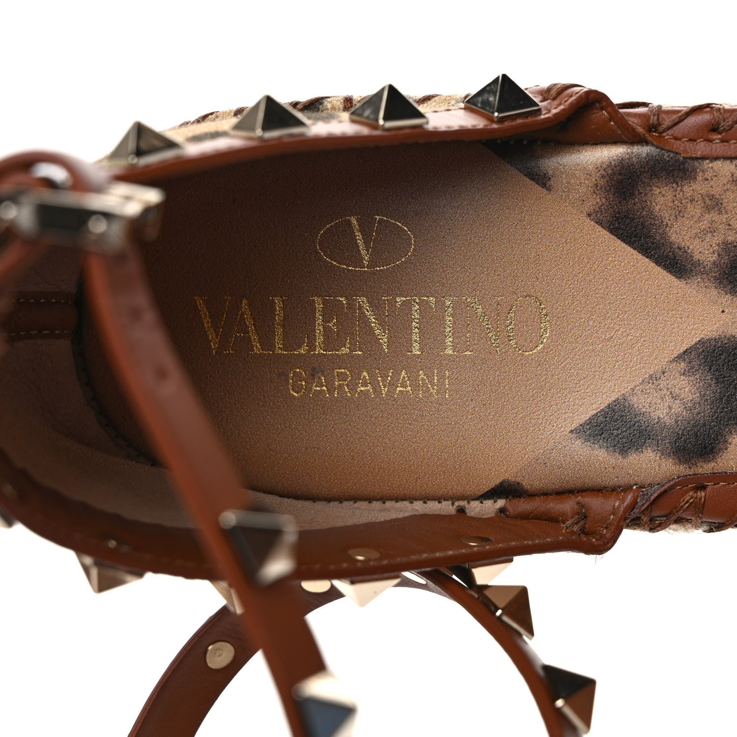 Valentino Garavani Canvas Leopard Print Rockstud Ankle Wrap Espadrille Flatform Sandals 39 Brown 7 of 7