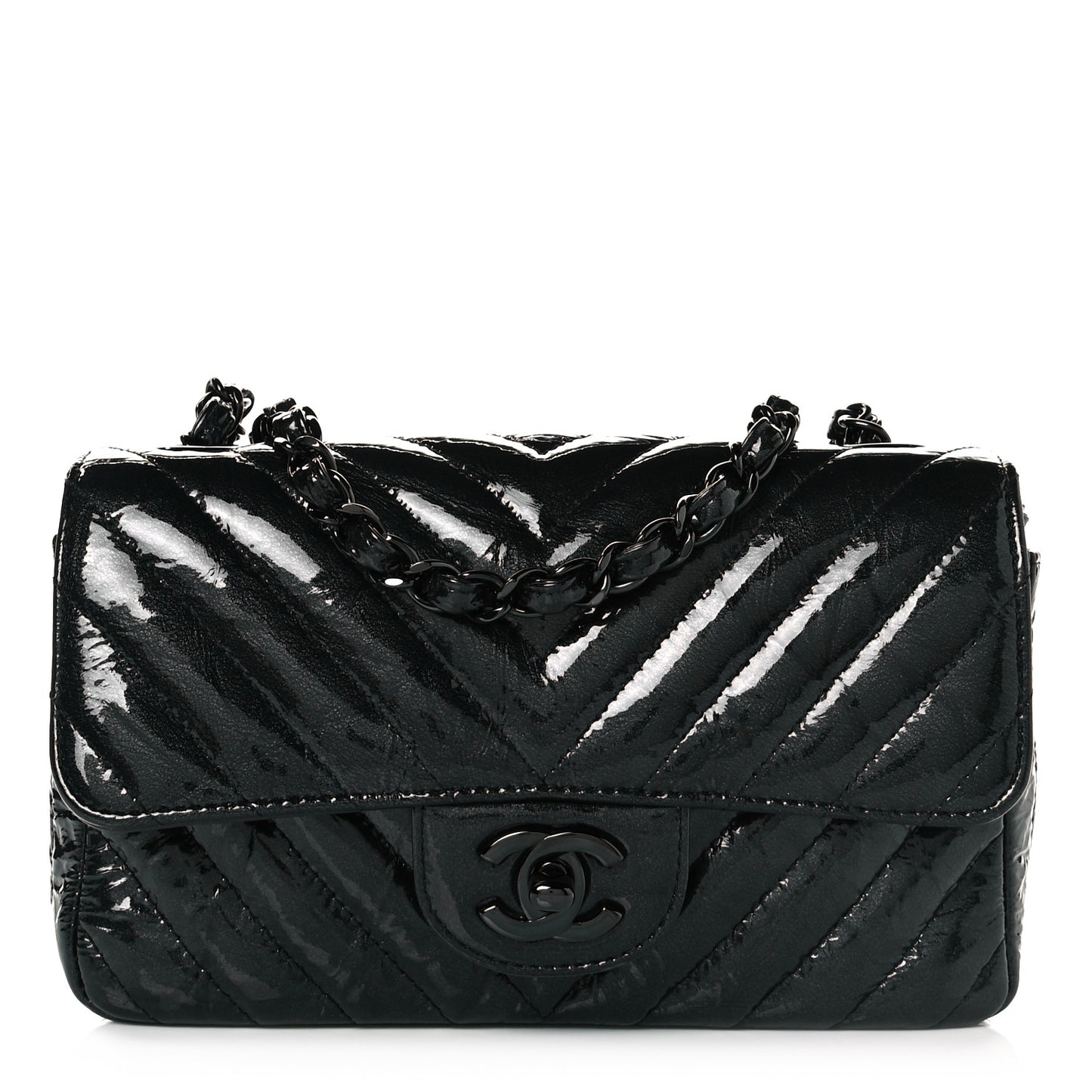 Patent Metallic Crumpled Calfskin Chevron Quilted Mini Rectangular Flap So Black