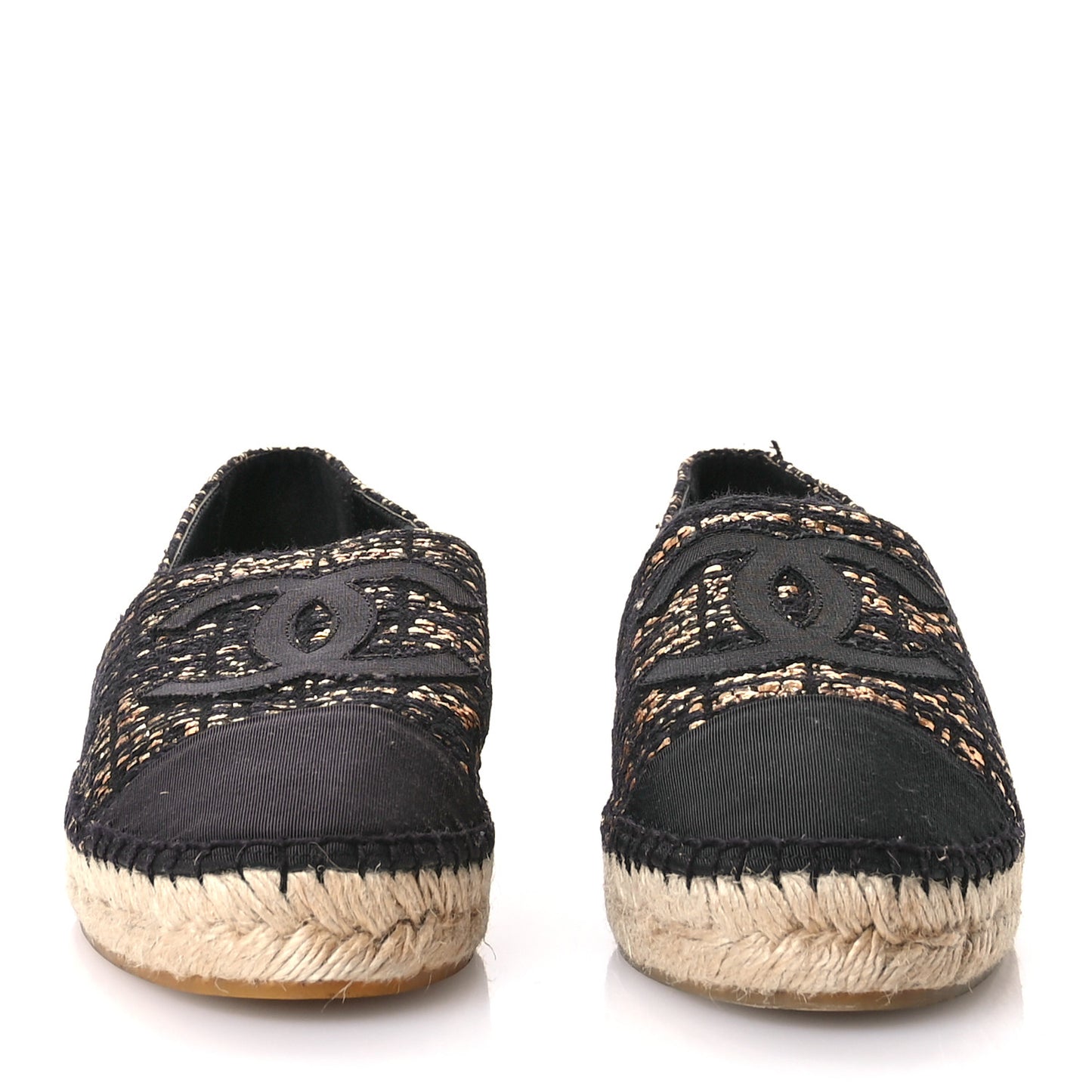 Metallic Tweed Grosgrain CC Espadrilles 40 Black Gold