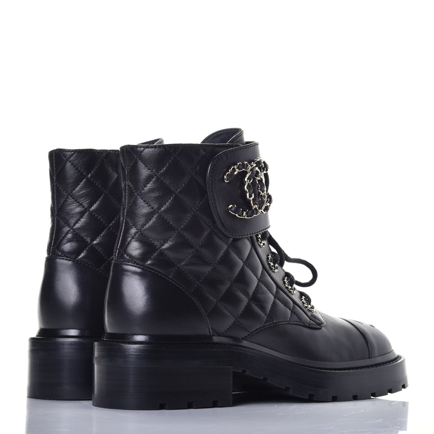 Shiny Lambskin Quilted Lace Up Combat Boots 36 Black