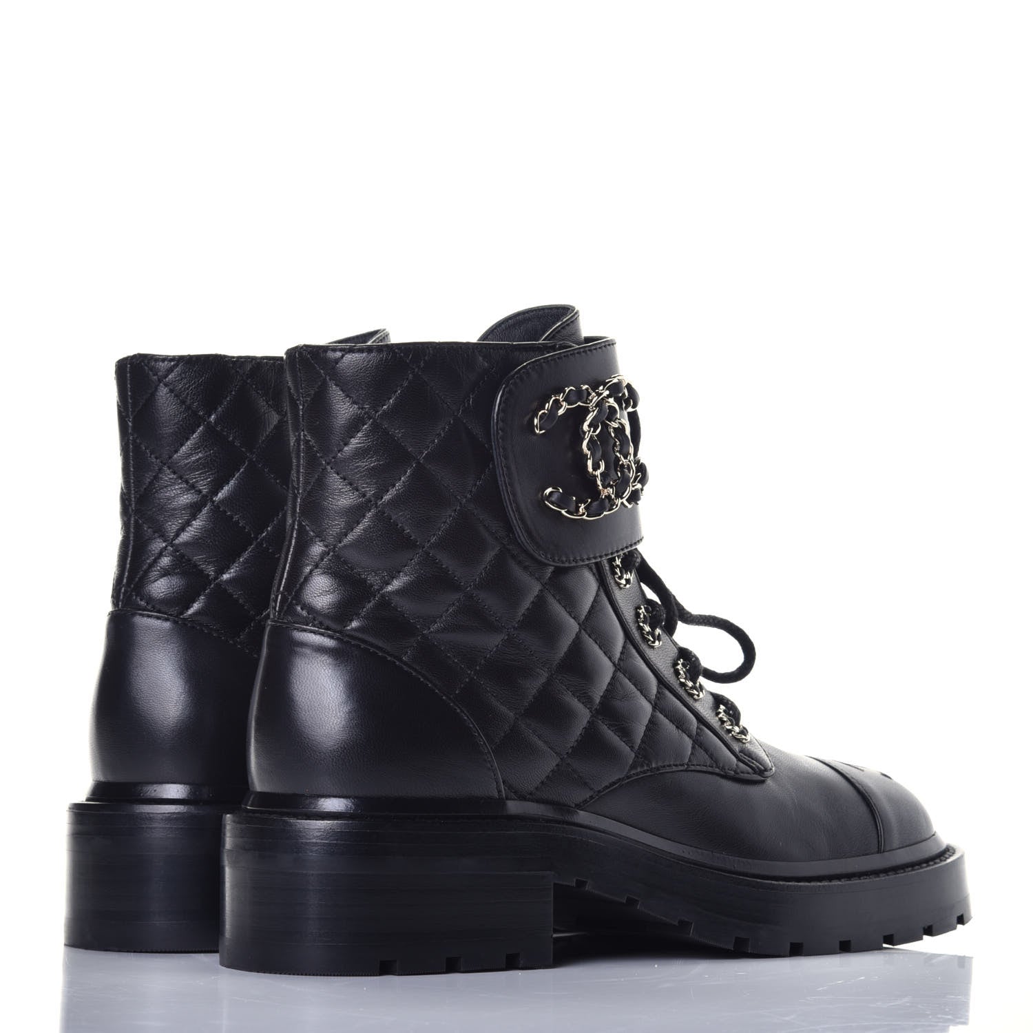 Chanel Shiny Lambskin Quilted Lace Up Combat Boots 36 Black 4 of 9