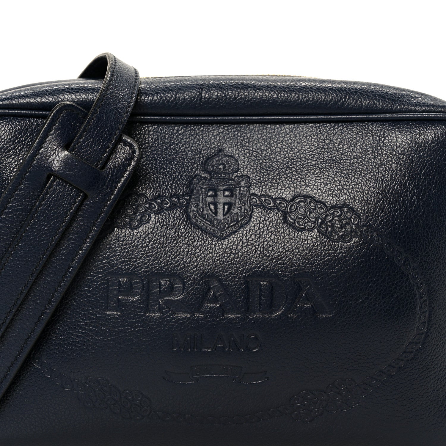 Prada Glace Calfskin Embossed Logo Camera Bag Navy Blue 10 of 12