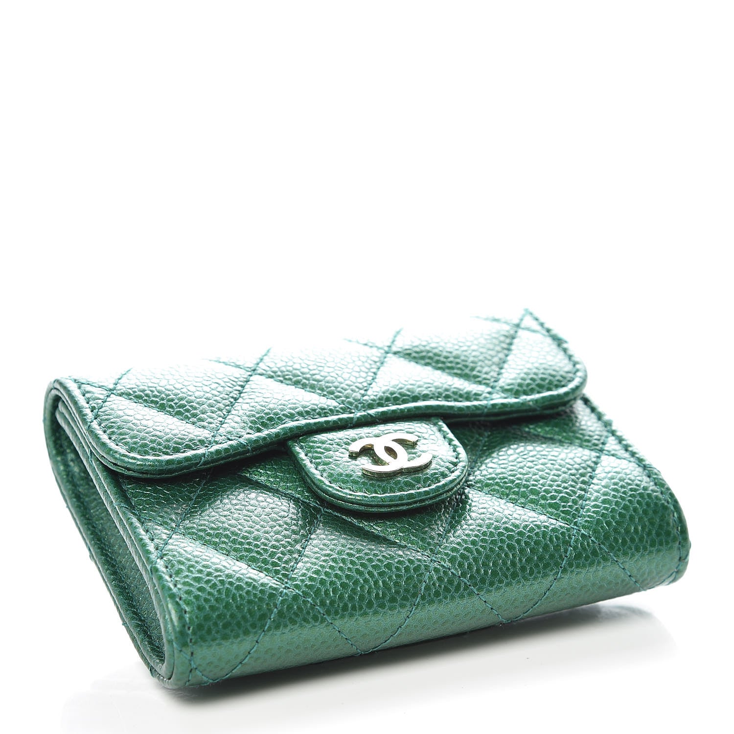 Chanel Metallic Caviar Quilted Card Holder Wallet Green 4 of 10