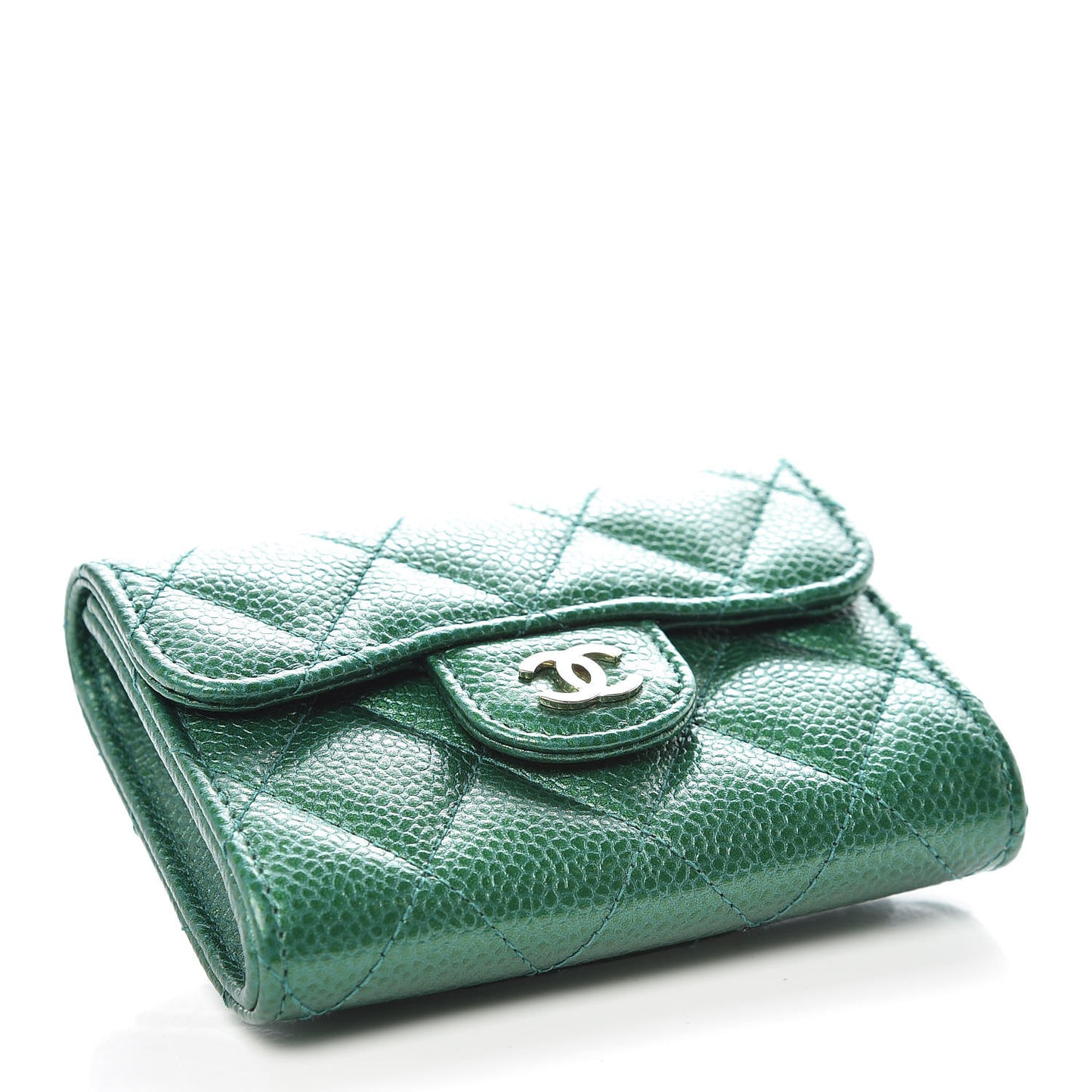 Metallic Caviar Quilted Card Holder Wallet Green
