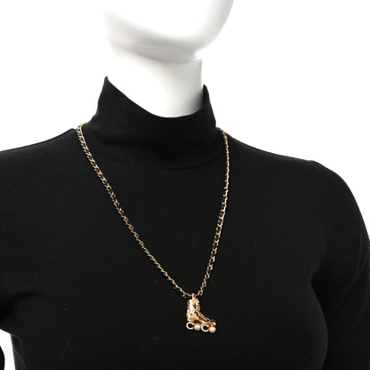 Chanel Metal Lambskin Crystal Pearl CC Rollerskate Necklace Gold Black 2 of 4