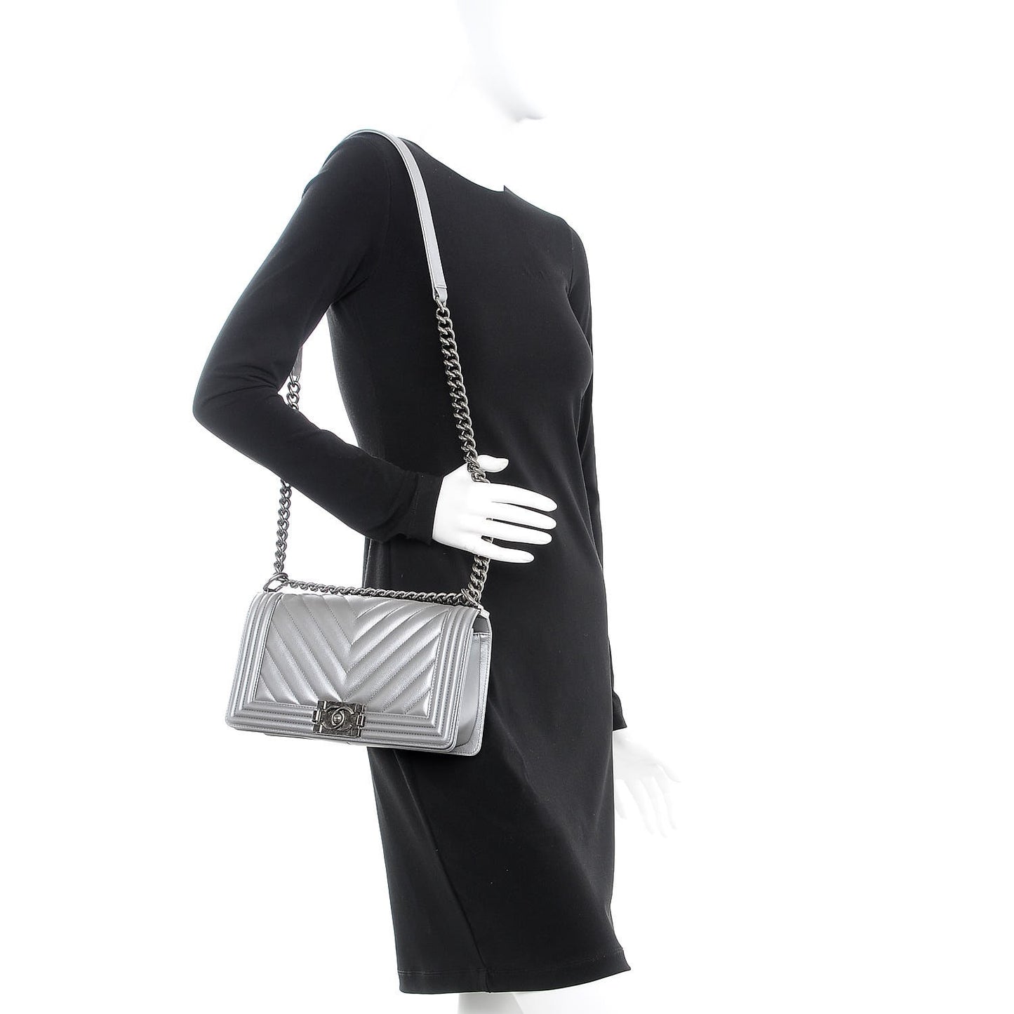Metallic Caviar Chevron Quilted Medium Boy Flap Silver