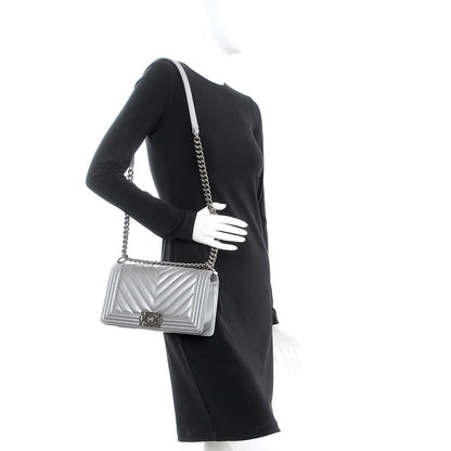 Chanel Metallic Caviar Chevron Quilted Medium Boy Flap Silver 2 of 7