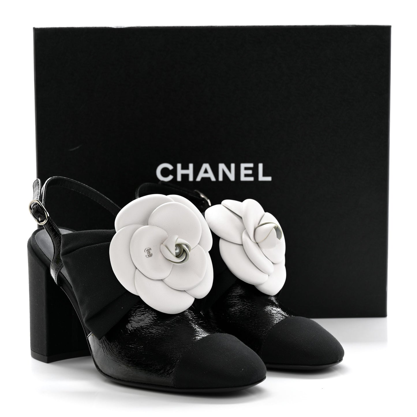 Crumpled Shiny Fabric Grosgrain Cap Toe Camellia Bow Slingback Pumps 36.5 Black