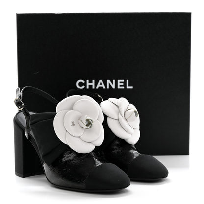 Chanel Crumpled Shiny Fabric Grosgrain Cap Toe Camellia Bow Slingback Pumps 36.5 Black 9 of 9