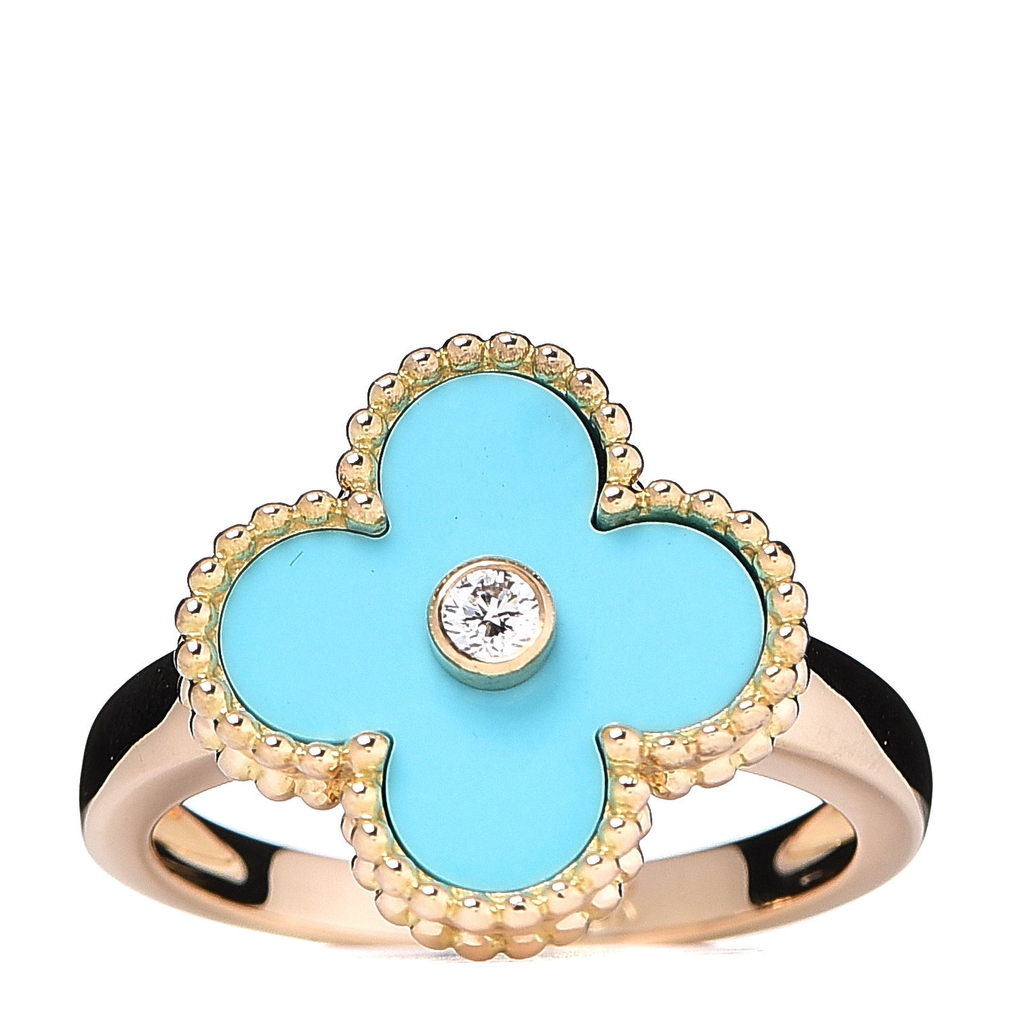 18K Yellow Gold Turquoise Diamond Vintage Alhambra Ring 52 6